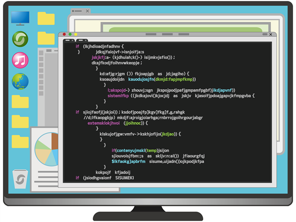 PCに映ったプログラミングコードのイラスト